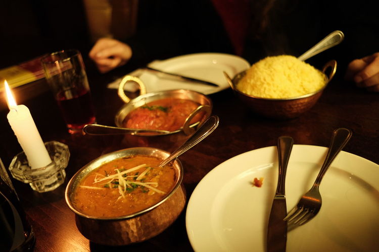 Close-up of food served on table