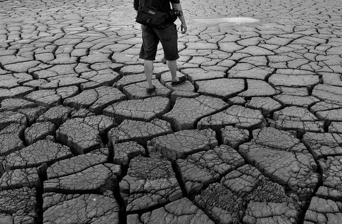 Low section of man standing on drought land