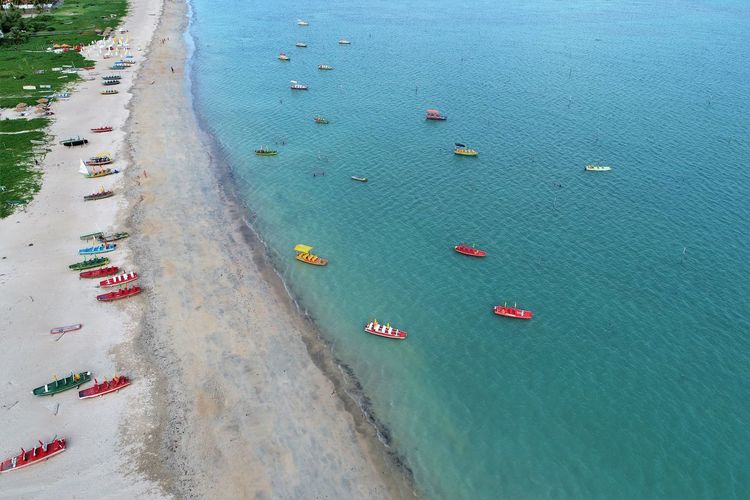 High angle view of boats on beach