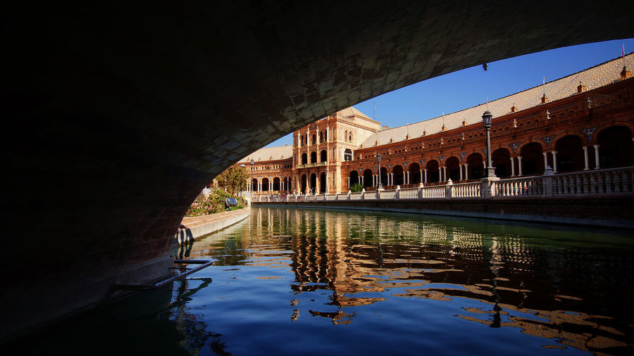 Below view of bridge over river at plaza de espana against clear sky